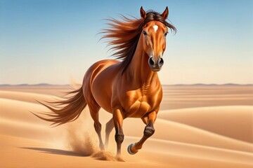 Obraz premium A majestic horse gallops through a vast desert landscape, showcasing strength and grace.