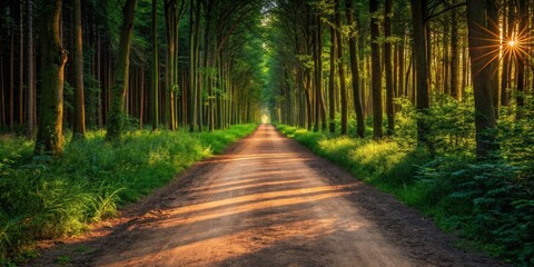 Fototapeta premium A tranquil forest path lined with tall trees and dappled sunlight filtering through the leaves.