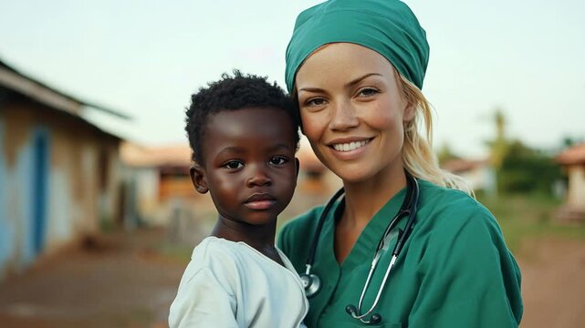 A healthcare professional woman stands with a child in a rural area, showcasing support and connection during a community health outreach