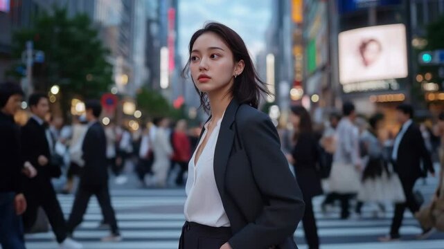 Young Woman in Focus Amidst Busy Tokyo Crosswalk During Evening Rush Hour