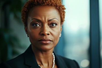 wide angle portrait of a Middle aged african american businesswoman looking at camera in office