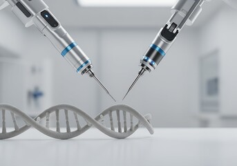 Close-up of robotic surgical tool working on glowing DNA strand in clean, high-tech laboratory environment. Precision science and genetic technology.
