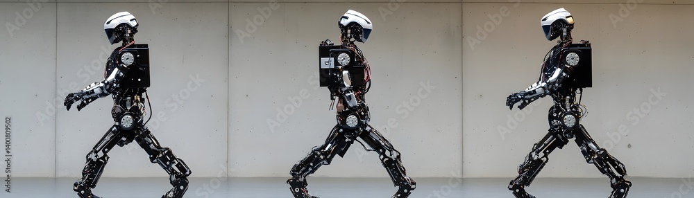 Poster a series of advanced robots in motion, showcasing the evolution of robotics and automation