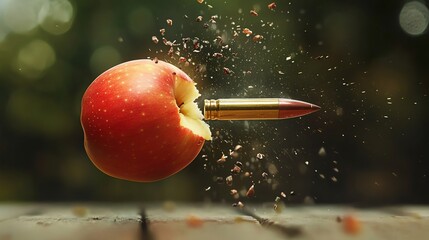 Bullet Piercing Red Apple High Speed Photography in Outdoor Setting