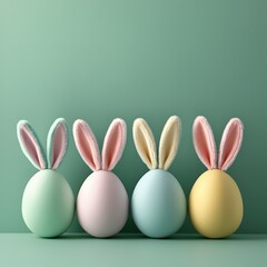 Colorful Easter eggs with bunny ears arranged in a row on a pastel background during springtime celebration