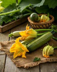 Vibrant HD close-up of young zucchini with bright yellow blossoms still attached, lying on a rustic wooden table. Earthy textures, sunlit background, ultra-realistic garden harvest vibe