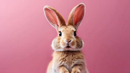 Obraz premium A white rabbit with large ears and wide, expressive eyes is pictured against a pink background.