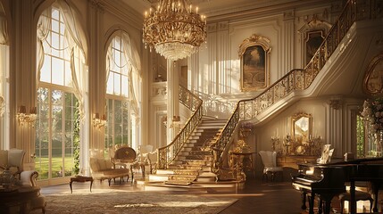 A grand interior with a golden staircase and elegant furnishings