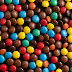 A close-up view of round, colorful candy-coated chocolates in vibrant hues like blue, yellow, red, brown, and orange, with a glossy finish adding visual appeal.