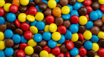 Obraz premium A close-up view of round, colorful candy-coated chocolates in vibrant hues like blue, yellow, red, brown, and orange, with a glossy finish adding visual appeal.