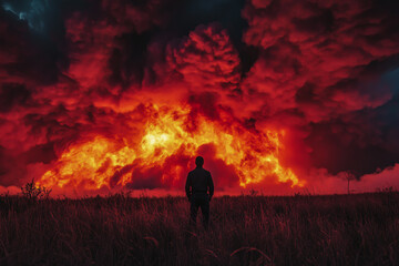 Fototapeta premium A lone man stands firm in the face of a fierce, devastating red storm, with black clouds swirling ominously around him.