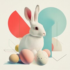 Easter day celebration with a playful bunny surrounded by colorful eggs in a geometric art style capturing whimsy in modern design