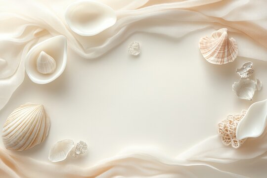 Seashells and Silk: A serene and elegant arrangement of seashells and delicate silk fabric, evoking a sense of calm and tranquility.