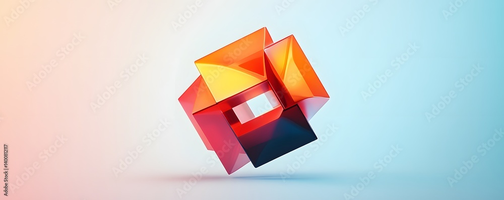 Poster an abstract composition of colorful geometric shapes floating against a gradient background, highlig