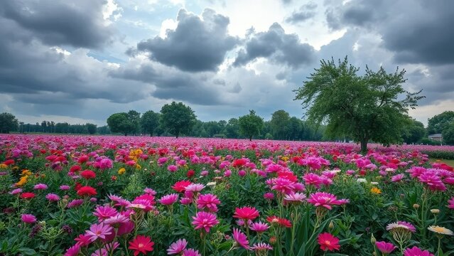Campo lleno de flores moradas y un cielo cubierto de nubes con gotas de lluvia, colorido, gotas