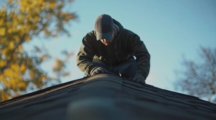 Roofing contractor applying a protective coating on a roof. Featuring expertise and care
