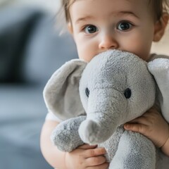 Toddler hugs gray elephant stuffed toy indoors while looking curiously at the camera