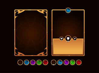 front and back tcg fantasy medieval gold template with colorful icon set vector game illustration