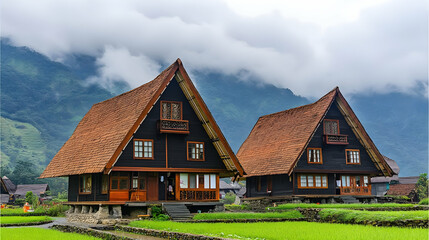 Fototapeta premium Scenic Black Wooden Traditional Houses with Brown Tiled Roofs in Rural Landscape against Mountain and Cloudy Sky Background