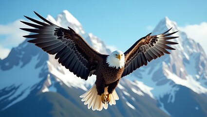 Obraz premium Majestic Bald Eagle Soaring Above Rugged Mountain Peaks Under Clear Blue Sky Symbol of Freedom and Strength