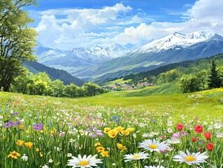 Colorful Wildflower Meadow with Snow-Capped Mountains in Background