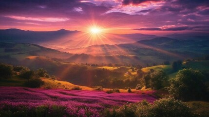 Majestic sunset over rolling hills with purple wildflowers blooming