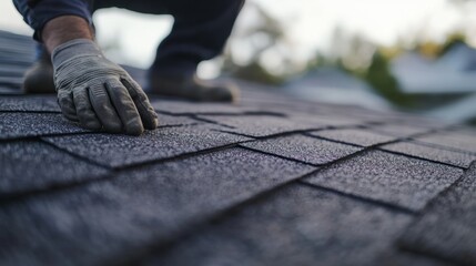 Roofing contractor fixing shingles on a roof. Featuring protection and durability