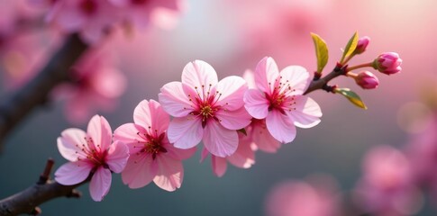 Fototapeta premium Delicate branch with blooming pink cherry blossoms, spring, pink cherry blossoms, nature