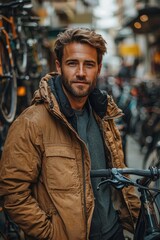 Obraz premium Casual man standing outdoors with a bicycle in an urban setting