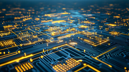 Abstract Circuit Board Pattern With Glowing Yellow And Blue Lines