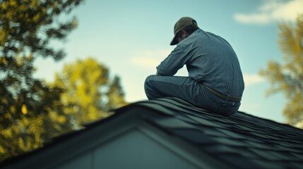Fototapeta premium Roofing contractor inspecting roof for leaks. Featuring attention to detail and expertise
