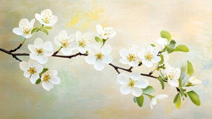 Obraz premium Elegant Spring Blossom Branch with White Flowers and Green Leaves