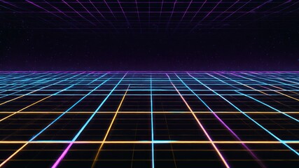 Retro neon grid with a synthwave aesthetic in purple, blue, orange and pink.