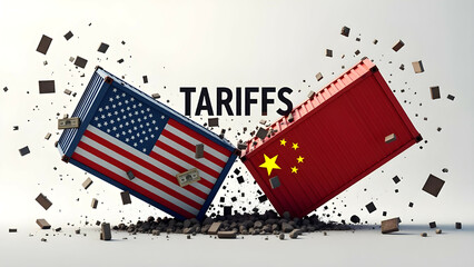 Colliding Shipping Containers Painted with USA and China Flags and Tariffs Text