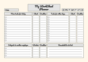 Structured horizontal worksheet planner with task list, deadline, and delegation sections for work and household organization. Perfect for organizing of a freelancer and office worker.