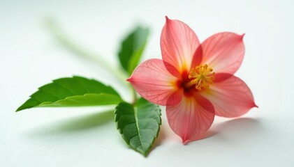 Freshly cut flower with delicate stem and leaves on white surface, refined, foliage, greenery