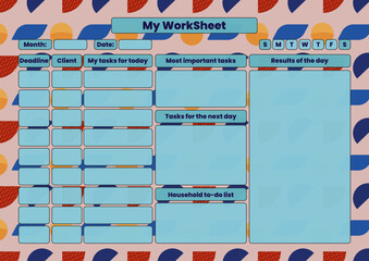 Vibrant horizontal worksheet for task management, including deadline, client tracking, daily results, and household to-do list on a abstract geometric background in retro Memphis style.