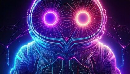 Futuristic Neon Astronaut Exploring Space with Glowing Eyes and Circuits