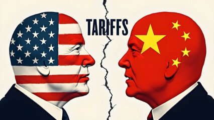 USA and China Flags with Cracked Tariffs Text Symbolizing Trade Tensions