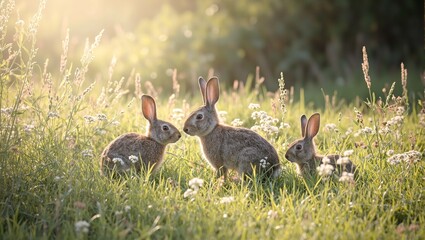 Captivating image of a wild rabbit family exploring a sunlit meadow surrounded by wildflowers and gently swaying grasses