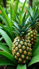 Fototapeta premium Green leaves on pineapple trees surrounding a garden filled with ornamental plants, Botany, Filtration, Eco Friendly