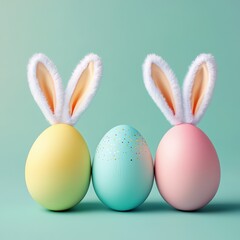 Colorful Easter eggs with bunny ears on a pastel background for festive spring celebrations
