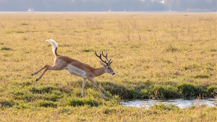 Fototapeta premium Elegant antelope jumping over a stream in a vast grassland bathed in warm afternoon light embodying freedom and grace
