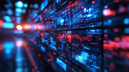 Futuristic technological screens displaying complex data analysis and processing information