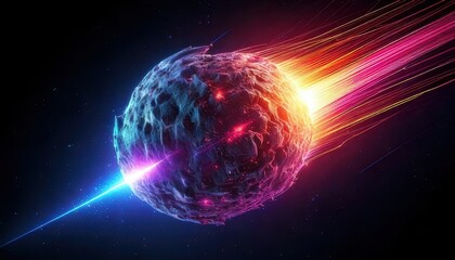 Asteroid Impact in Space with Energy Rays and Futuristic Glow