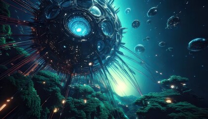 Futuristic technology descends over lush alien forest landscape exploration