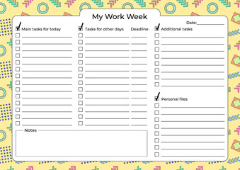 Printable horizontal weekly work planner with task checklist, deadline, and notes section on a colorful abstract geometric background in retro Memphis style. Perfect for the freelancer.