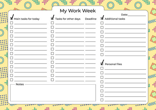 Printable horizontal weekly work planner with task checklist, deadline, and notes section on a colorful abstract geometric background in retro Memphis style. Perfect for the freelancer. - Powered by Adobe