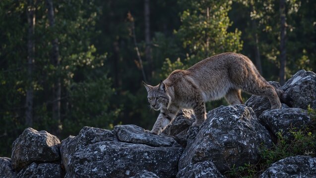 Majestic lynx prowling rocky forest terrain exuding wild grace and keen awareness in gentle light