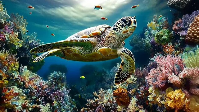 A serene underwater scene featuring a sea turtle gracefully swimming among vibrant coral reefs, with colorful fish in the background